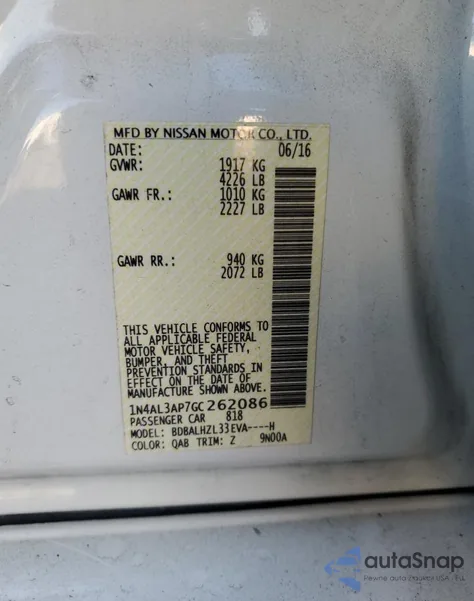 2016 Nissan Altima 2.5 from USA, damaged, VIN 1N4AL3AP7GC262086